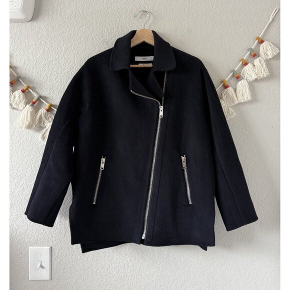 MNG Mango 100% Wool Blend Full Zip Coat Navy Heavyweight Modest Oversize XS - Picture 1 of 9